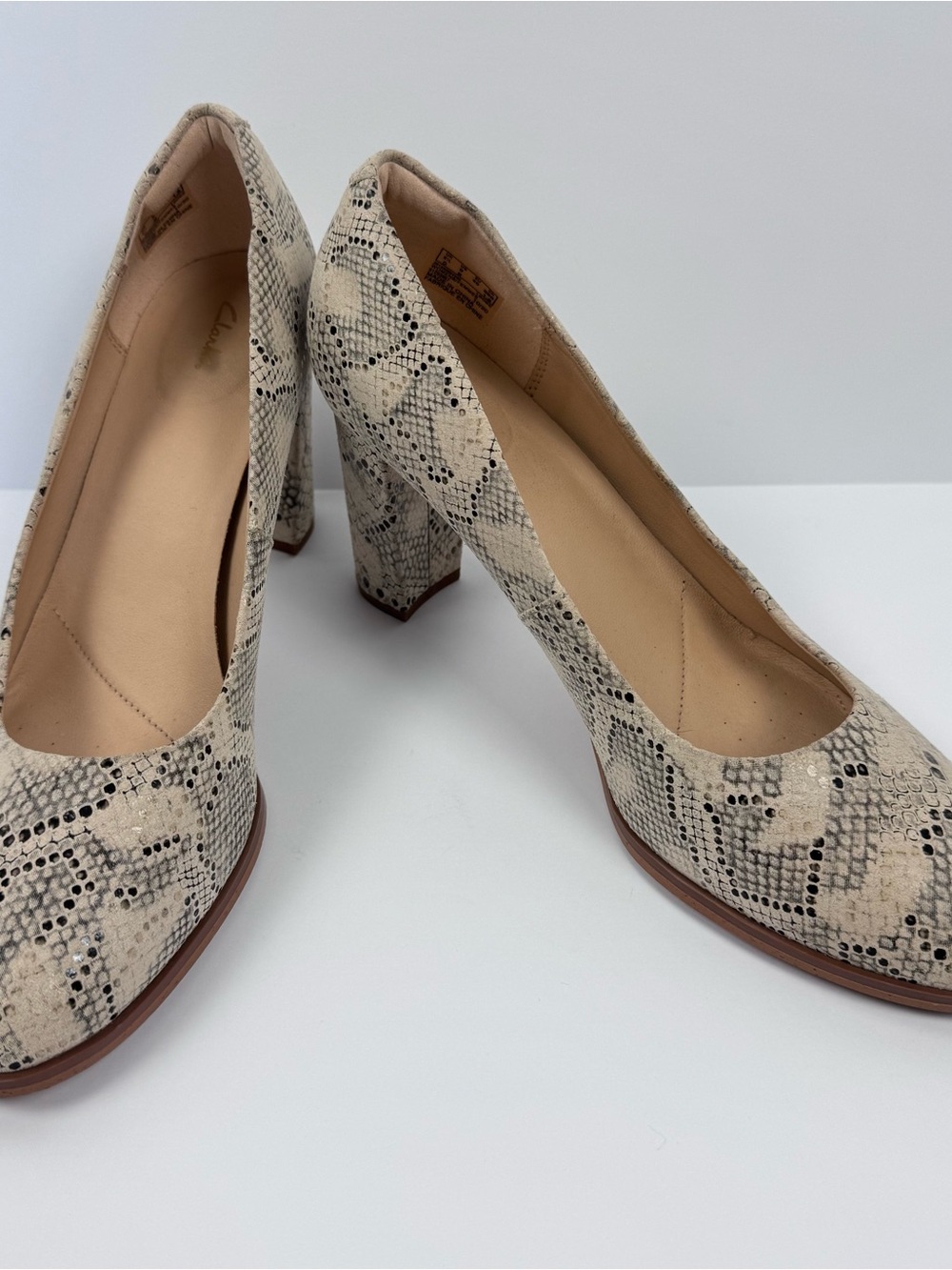 Clarks Snake-Print Block Heel Pumps in Cream and Black